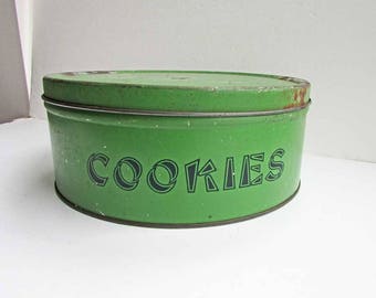 Vintage 1930 Jade Green COOKIES Counter Top Large Tin, Storage Bin, Kitchen Decor, Pantry Shelf Tin, Rustic Cookies Tin