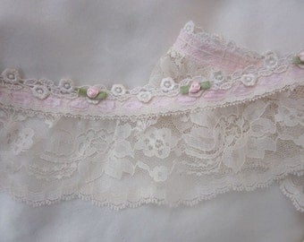 Vintage Like Ruffle Pleated Tulle Ivory Lace w Satin Rose Bud Flower Pink Ribbon Trim Doll Baby Clothing
