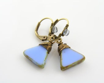 Periwinkle Blue Earrings, Triangle Earrings, Blue Jewelry, Something Blue, Pierced Earrings, Short Earrings, Wire Wrapped Jewelry