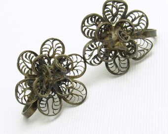 Vintage Silver Filigree Flower Earrings Mexico Retro Jewelry E7622