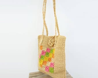 1960s Straw Bag Vintage Sisal Bag Boho Straw Bag Crochet Sisal Bag Granny Square Bag 60s Summer Bag Straw Shoulder Bag Summer Straw Bag