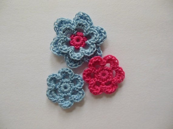 Crocheted Flower Combo Blue and Hot Pink Cotton Flowers