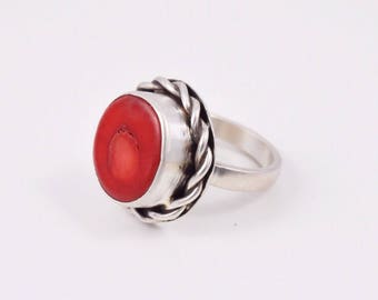 Coral Ring. Genuine Red Coral and Sterling Silver Ring Size 5.5 US