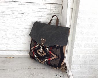 Diaper Bag Backpack, Travel Backpack, Waxed Canvas, Navajo Wool Backpack,