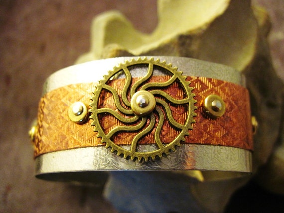 Mixed metal gear steampunk cuff copper and German silver by JanEOjewelry steampunk buy now online