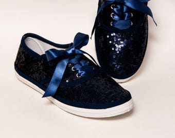 Sequin - CVO Navy Blue Canvas Sneakers Tennis Shoes with Satin Ribbon Laces