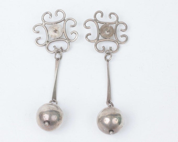 Silver Ball Drop Earrings Long Dangle Earrings Posts