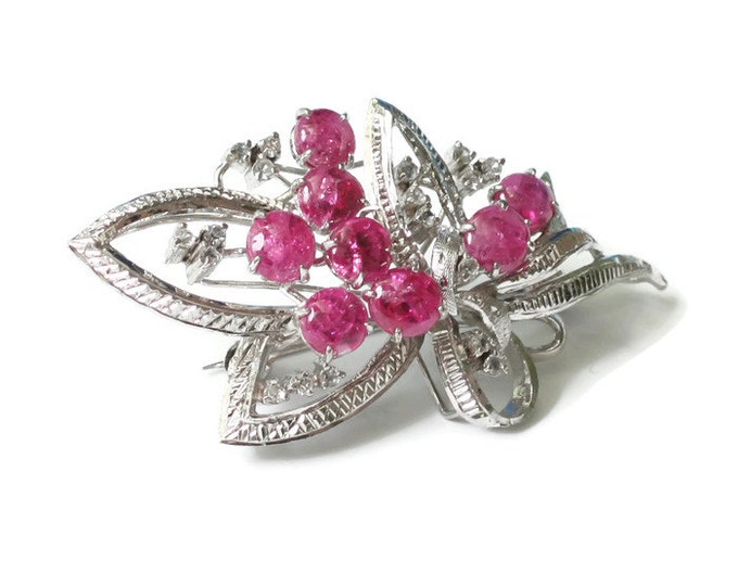 Ruby Cabochon Brooch Silver Plated with Crystals Vintage Signed