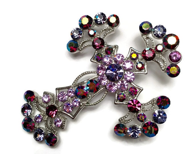 Kirks Folly Rhinestone Cross Brooch Pendant Pink Purple AB Rhinestones