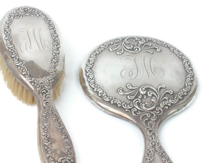 Sterling Hair Brush Mirror Set Monogram Victorian Dressing Table