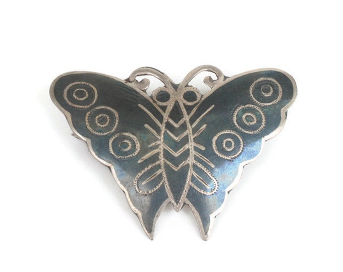 Siam Sterling Butterfly Brooch Niello Enamel Vintage