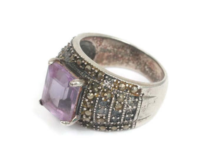 CIJ Sale Amethyst Sterling and Marcasite Ring Size 6 3/4 Vintage TLC