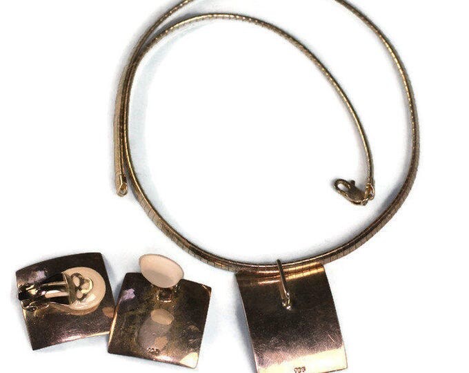 Modernist Sterling Necklace Earring Set Serpentine Chain Italy Slide Pendant Concave Vintage