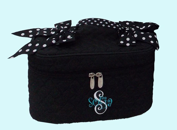 Personalized Cosmetic Train Case Black With Black and White Polka Dotted Trim-Monogram Included