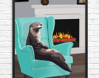 Otter Art Print. Illustrated otter picture. Framable art print. Great gift for adults & children. Otter artwork. Funny art print.