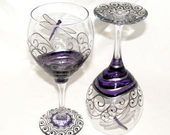 Purple Dragonfly Glassware Hand Painted Dragonfly Wine Glasses ~ Pair
