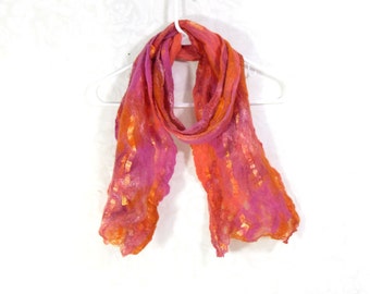 Cobweb Felted Scarf Wool Scarf Fall Red Fuchsia Orange Scarf Long Scarf Bright Womens Scarf Winter Accessory Lightweight Scarf for Her