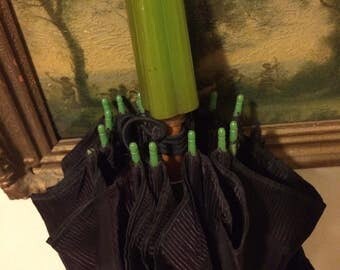 Antique 1930's Deco Ladies Parasol Umbrella Black Stunning Green Bakelite Handle Celluloid Tips