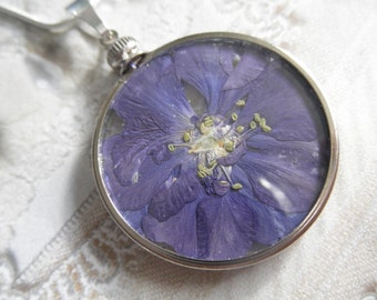 Ombre Blue-Purple Larkspur Pressed Flower Looking Glass Pendant-Symbolizes An Open Heart-July's Birth Flower-Gifts Under 30-Nature's Art