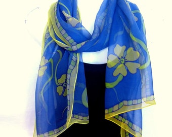 Hand Painted Silk Scarf, Floral Silk Scarf Handpainted, Medium Blue Yellow Green, Silk Chiffon Scarf, Gift For Her