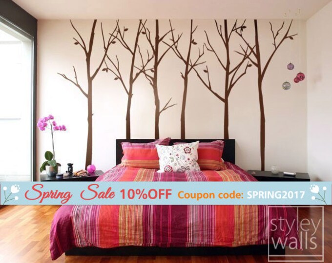 Thin Birch Trees Wall Decal, Forest Trees and Birds Wall Decal, Winter Trees with Birds Home Decor, Nursery Baby Room Wall Decal
