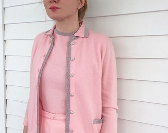 Pink Cashmere Sweater Set 60s Vintage Dalton 3 pc Top Skirt Sweater M