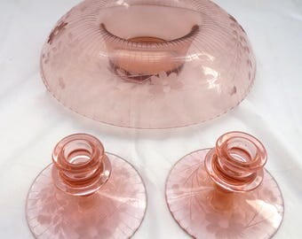 Vintage Pink Glass Console Set Rolled Bowl w/ Candlesticks Wheel Engraved Glass Edwardian Art Nouveau Centerpiece Server Set Antique Glass