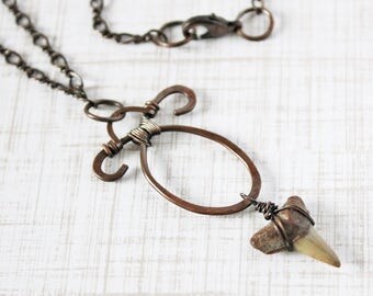 Shark Tooth Necklace Hammered Copper Wire Wrap Necklace Fossil Necklace Pendant Necklace Tribal Necklace Shark Tooth Jewelry Fossil Jewelry