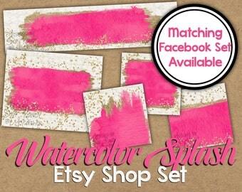 Watercolor Etsy Shop Set - Watercolor Shop Banner - Pink Watercolor Flowers - Gold Glitter Etsy Banner - Gold DIY Etsy Banner Set