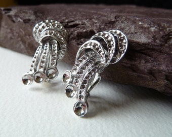 Large Ornate Clip-On Earring Blanks with Rhinestone Settings - Art Deco Style - Strong Hinged High Quality Silver Tone Metal Casting (ebde2)