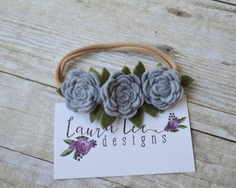 READY TO SHIP, Heather Gray Felt Flower Headband, Nylon Headband, Newborn, Smash Cake, First Birthday Floral Crown, Felt Flower Crown