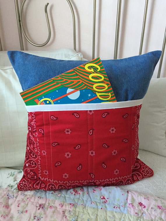 Bandana Pillow Red Bandana and Denim Quilted Book Pocket