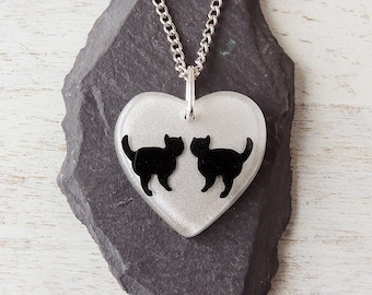 Black Cat Necklace, Two Black Cats in White Resin Heart Pendant, Cat Jewellery, Resin Jewellery, Heart Jewellery, Pet Animal, UK, 164