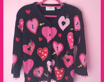 Vintage Valentine Hearts Beaded Button up Sweater Size Medium