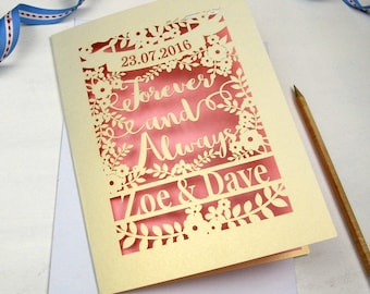Personalised Laser Cut Papercut Wedding Engagement Anniversary Forever and Always Card, Paper Cut Date Card, sku_forever