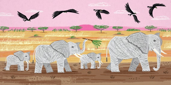 Elephants and Hawks - Nature / Wildlife - Childrens Art - Animal Art - Kids Art - Limited Edition Art Poster Print by Oliver Lake