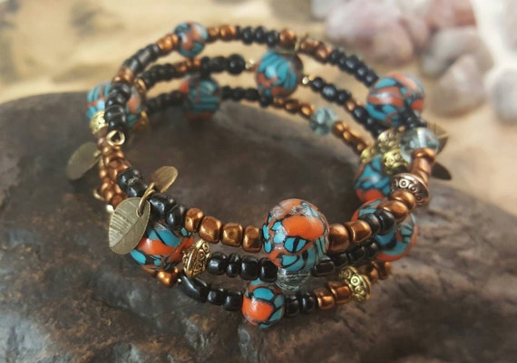 Orange Black & Blue bead bracelet wrap Wire Wrap Bracelet