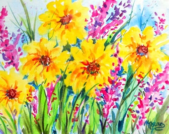 Watercolor Canvas, Watercolor Spring Flowers, Garden Art, Flower Art, Yellow Flowers, Pink Flowers, Martha Kisling