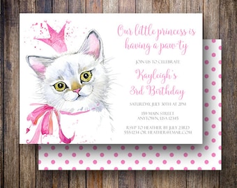 Cat Birthday Party, Cat Birthday Invitation, Princess Party, Birthday Party Invitation, Princess Kitty, Princess Birthday Invite, Pink