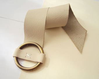 Leather Cuff Bracelet, Beige Leather Bracelet, Brass Circle,Everyday Jewelry, Leather Jewelry, Wide Bracelet, Statement Jewelry, Women Cuff