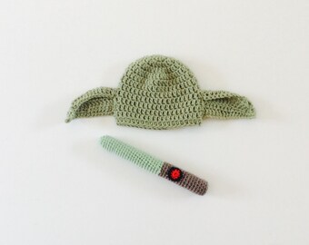 MADE TO ORDER Yoda Hat and Lightsaber rattle, baby photo prop set, Star Wars 2 peace baby set, custom sizes