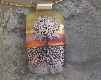 Gold Tree of Life Dichroic Fused Glass Tree Roots Pendant