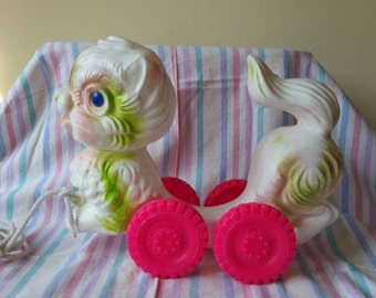 Super kitsch vintage blow mold plastic cat pull toy nursery decor hot pink wheels Mark Ryden style