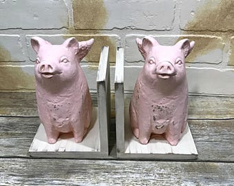 When Pigs Fly Figurines Set of Bookends//Rustic Farmhouse Decor//Primitive Pigs with Wings Statues Set of Book Ends//French County Decor