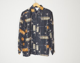 Vintage 90s Black Geometric Tropical Natural Oversized SILK Blouse Shirt // womens medium
