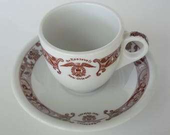 Vintage New Orleans Louisiana The Roosevelt Hotel Demitasse Tea Cup and Saucer Souvenir Shenango China Transfer ware Advertising