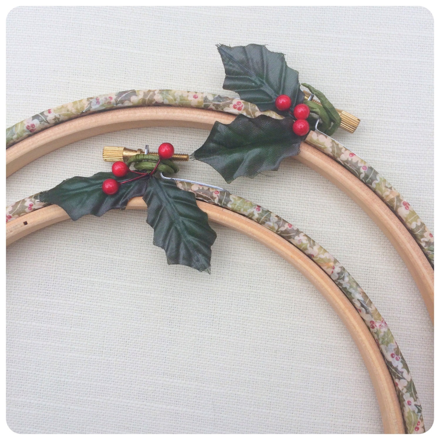 Decorative embroidery hoop frames. Holly design decoupage hoops. 5, 7