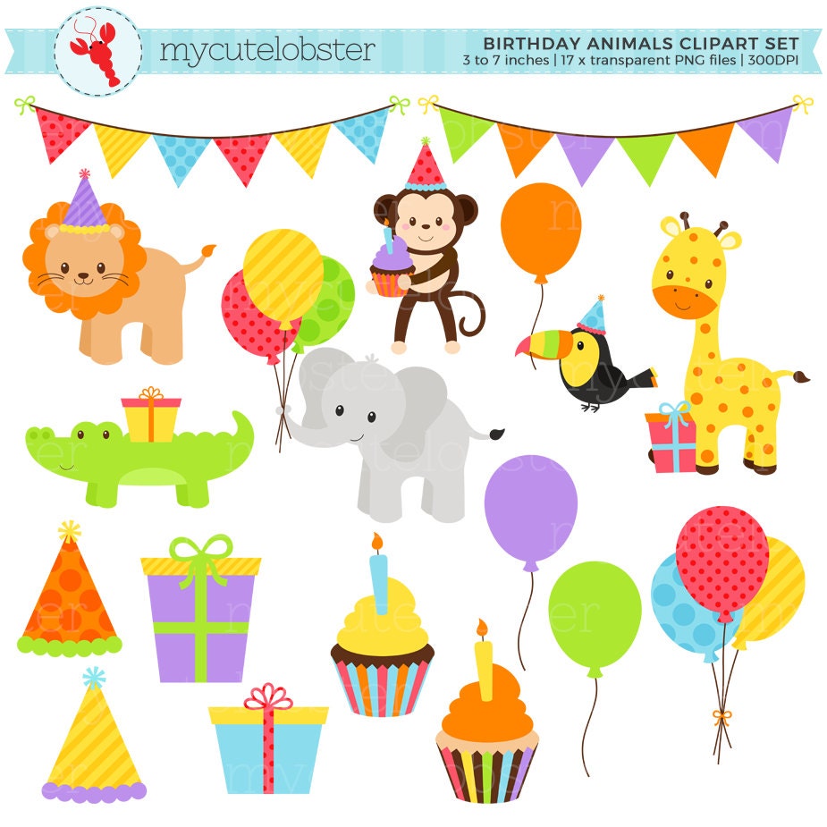  Birthday  Animals  Clipart Set party animals  clip  art  set