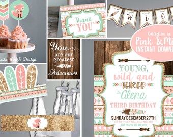 Pink Young Wild and Three Invitations - And Printable Decor - Pink and Mint - Girls 3rd Third Birthday Party - Instant Download