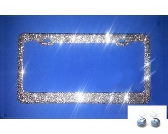 BEST SELLER SILVER diamond Glitter Bling Sparkly License Plate Frame and Rhinestone Screw Cap Covers